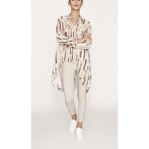 B NEW YORK Womens Beige Curved Hem Button Down Front Cuffed Sleeve Hi-Lo Top M